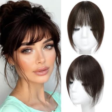 HAITOO Clip in Bangs, 100% Real Human Hair French Fake Bangs Hair Clip for Women Dark Brown Natural Curtain Fringe with Temples Hairpieces for Daily Wear（French，Dark Brown）