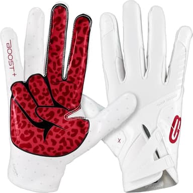 Grip Boost Football Gloves - Peace Stealth 6.0 Boost Plus Sticky Technology - Adult and Youth Football Gloves for Wide Receiver - Men's and Boys Sizes (White/Crimson, Youth Large)