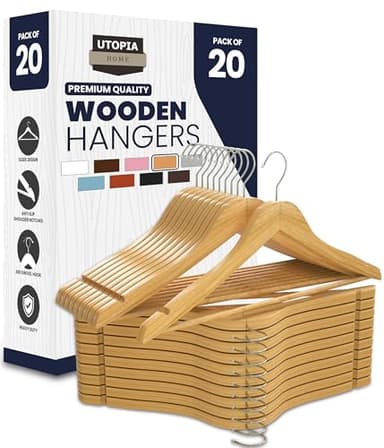 Utopia Home Premium Wooden Hangers 20 Pack - Heavy Duty & Durable Coat Hanger - Wood Hanger with 360-Degree Rotatable Hook - Clothes Hangers with Non-Slip Shoulder Notches For Shirts & Coats (Natural)