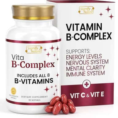 SIGNIFY NATURE VitaBComplex with Vitamin C and E, B Complex Vitamins for Women & Men, BComplex Supplements, VIT B1, B2, B3, B5, B6, B8, B9, B12, Super B Softgels - 60 CT