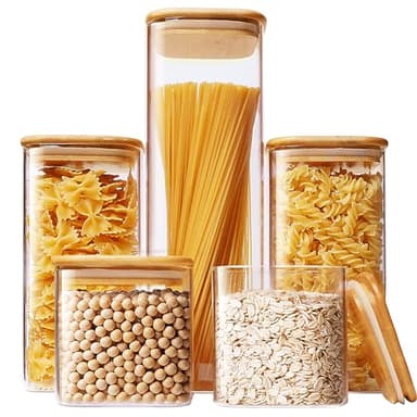 HomArtist Square Glass Jars with Bamboo Lids [Muti Size Set of 5], Glass Canisters with Airtight Lids, Glass Food Storage Containers for Pasta, Cereal, Flour, Sugar, Best for Kitchen & Pantry
