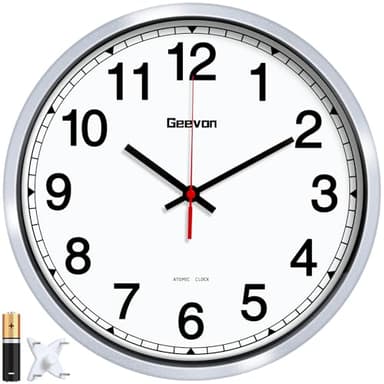 Geevon 12 Inch Atomic Wall Clock - Self-Setting Analog Clock with Automatic Time Sync - Battery Operated for Home Office School - Silver Frame
