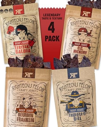 Righteous Felon Beef Jerky | All-Natural, High Protein Jerky Snack Pack - Great Gifts for Men - Locally Sourced & Dried Beef Jerky - Low-Sugar, Keto, Gluten-Free Healthy Jerky Snacks - Savory 4 Pack
