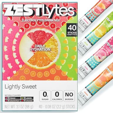 ZestLytes 40 Sticks Sugar Free & 0 Calorie Electrolyte Hydration Packets, Low Sodium Lightly Sweet Electrolyte Powder Drink Mix, Liquid Daily IV Flavors | Lemon Orange Peach Grapefruit