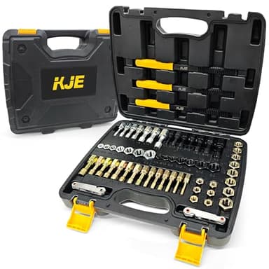 KJE 61Pcs Thread Restorer Kit, Rethreading Kit, UNC, UNF & Metric Thread Chaser Set with Taps, Dies, Thread Files & Pitch Gauges for Repair Damaged Threads Bolts, Nuts and Screws