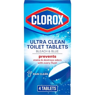 Clorox Ultra Clean Toilet Tablets Bleach & Blue, Rain Clean Scent, 2.47 Ounces Each, 4 Count (Package May Vary)