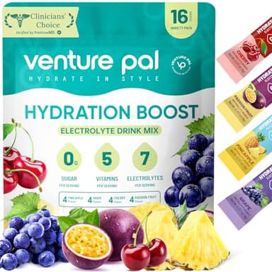 Venture Pal Sugar Free Electrolyte Powder Packets - Liquid Daily IV Drink Mix for Rapid Hydration & Party Recovery | 5 Vitamins & 7 Electrolytes| Keto Friendly | Non-GMO | Certified Vegan | 16 Sticks