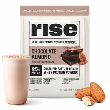 Rise Grass-Fed Whey Protein Powder - Chocolate Almond | 25g Protein No Artificial Flavors, Colors, or Preservatives - Sugar Free, Gluten-Free, Soy Free (Single Serving, 1 Pack)
