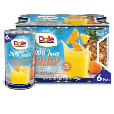Dole 100% Pineapple Orange Juice, No Added Sugar, Excellent Source of Vitamin C, 100% Fruit Juice, 6 Fl Oz (Pack of 6), Packaging May Vary