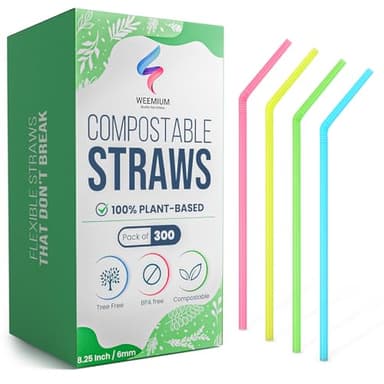Weemium Compostable Straws Disposable [300 Pack] 8.25" | 100% Plant-Based Plastic-free PLA, Disposable and Biodegradable | Flexible Colorful Drinking Straws are Best Alternative to Plastic