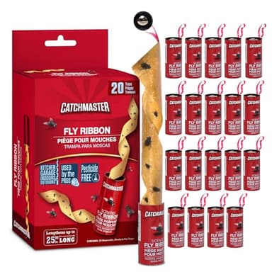 Catchmaster Fly Ribbon 20-Pack, Bug & Fruit Fly Traps Outdoor and Indoor, Premium Adhesive Sticky Strips & Gnat Hanging Strips, Bulk Flying Insect Paper Rolls, Pesticide-Free Home Pest Control