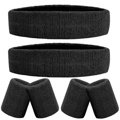 IMAGERIO 6 Pieces Sweatband Set Sports Headband Wristband Set, Moisture Wicking Athletic Sweatbands 4 Wrist Sweatband and 2 Headbands, Terry Cloth Sweat Absorbing Head Band for Workout -Black