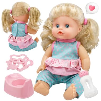 SMILESSKIDDO Baby Doll, 12 inch Interactive Talking Doll with Hair, Bottle, Soft Vinyl Body and Other Accessories, Realistic 12 Sound Modes & Pee Function – Perfect Pretend Play Toy for Toddlers