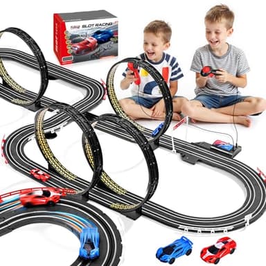 Slot Car Race Track Set for Kids Ages 6-12 Boys & Girls, Dual Racing Game 2 High-Speed Cars 1:64 Scale, Battery or Electric Powered Plug-in Track, Gift Toy Stocking Stuffers for Children