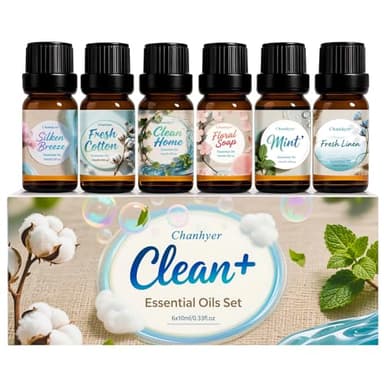 Clean Essential Oils Set 6 x 10ml – Fresh Linen, Mint,Clean Home,Silken Breeze, Fresh Cotton, Floral Soap for Diffuser, Home Fragrance