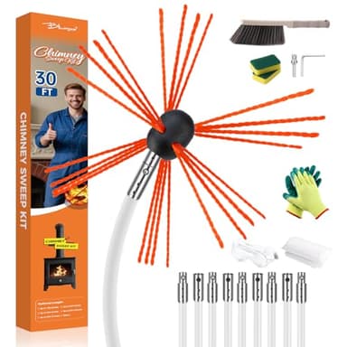 Bluesea 30 Feet Chimney Sweep Kit, Ergonomic Chimney Cleaning Kit, Extends Up to 30 Feet, Chimney Cleaner, Chimney Cleaning Tools, Chimney Cleaning System with Strong Brush, 9 Flexible Chimney Rods