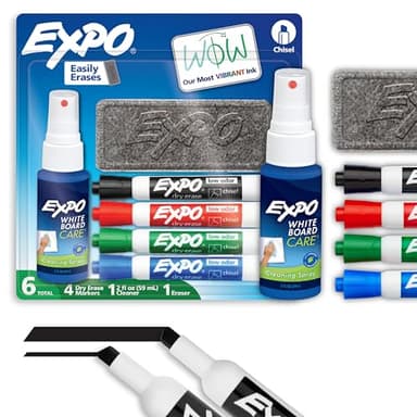 EXPO Dry Erase Markers Kit, Chisel Tip, Assorted Colors, Eraser, Spray Cleaner, 6 Count - Whiteboard, Calendar, Office Essentials, School, Classroom, Teacher Supplies