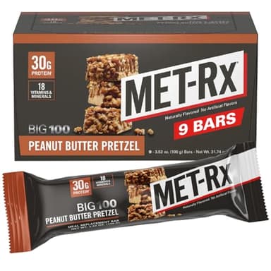 MET-Rx Big 100 Colossal Protein Bars, Great as Healthy Meal Replacement, Snack, and Help Support Energy, Peanut Butter Pretzel, With Vitamin A, Vitamin C, and Zinc, 100 g, (Pack of 9)