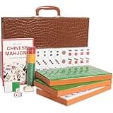 GUSTARIA Chinese Mahjong Set, Mahjong Game Set with 146 Numbered Large Tiles (1.5", Green), Mahjongg Tiles Set with Brown Carrying Case (Mah Jongg, Majiang)