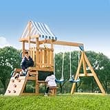 ROBOTIME Wooden Swing Set for Backyard for Toddlers, All-in-One Kids Outdoor Play Equipment with Swings, Slide, Climbing Rope Ladder, Outdoor Playset for Kids Ages 3-10