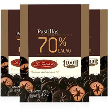 La Iberica Pastillas de Chocolate Negro 70% Cacao Peruano 5.3 oz | Dark Chocolate 70% Peruvian Cocoa Pastilles 3 Pack