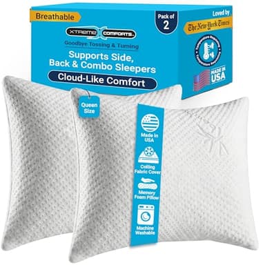 Xtreme Comforts 2-Pack Memory Foam Pillows Made in The USA - Queen Size, Slim Cooling Pillow for Sleeping on Side, Back & Stomach - Firm and Soft Bed Pillows