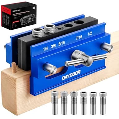 DAYDOOR 2.1" Self Centering Dowel Jig, Universal Capacity Doweling Jig & Drill Guide for Woodworking, Complete Kit with 6 Steel Bushings for Straight Holes(Blue)