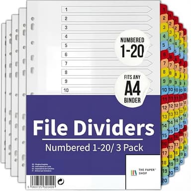 Binder Dividers with Tabs 1-20 Numbered – A4 (3 Pack) | Dividers for 3 Ring Binder | Numbered Tab Dividers for Office, School & Home Organization - The Paper Shop