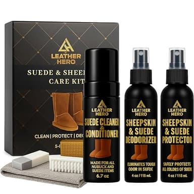 Leather Hero Suede & Sheepskin Cleaning Kit – Compatible with UGG Boots – Foam Cleaner & Conditioner, Water & Stain Protector, Deodorizer, Eraser, Brushes & Cloth – 7-Piece Complete Care Set