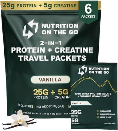 Nutrition On The Go Whey Protein Isolate Packets with Creatine – 25g Protein + 5g Creatine – Single-Serve Travel Protein Powder – Vanilla (6-Pack)