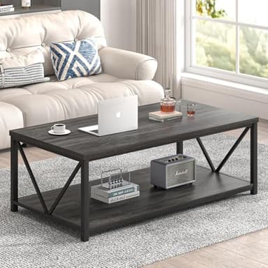 FOLUBAN Industrial Coffee Table with Storage Shelf, Modern Rustic Wooden and Metal Rectangle Center Table for Living Room, Dark Gray, 47 Inch