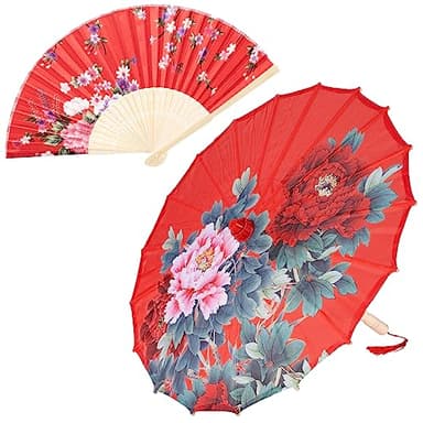 Hand Made Japanese Oriental Parasol Dancing Umbrella 22 inch with Hand held Silk Folding Fans for Kids(Red)
