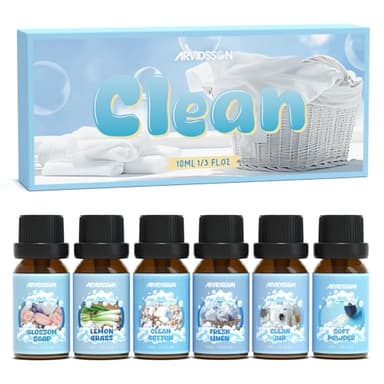 ARVIDSSON Clean Essential Oils Set, Natural Fragrance Oil for Diffuser, Soap Making - Fresh Linen, Clean Home, Fresh Cotton, Soft Powder, Blossom Soap, Lemongrass, Refreshing Scented Oils for Home