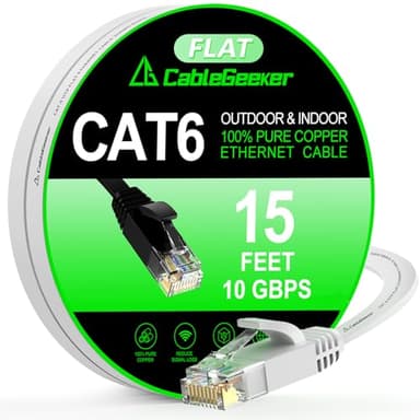 Cat 6 Ethernet Cable 15ft, Indoor&Outdoor, High Speed 10Gbps Flat Internet Network Cable, Pure Copper Ethernet Patch Cable Short, Cat6 Computer Cable with Snagless RJ45 Connectors, White