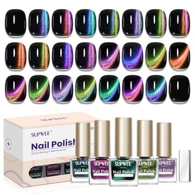 SUPWEE Magnetic Nail Polish Non Gel, 12 Colors Quick Dry Cat Eye Nail Polish Non Gel with Magntic for Fingernail Air Drying Fast Lacquer, Chip Resistant, Vegan, Fast Drying, Long Lasting