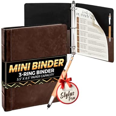 Capote Vintage Mini Professional 3 Ring Binder Organizer, 1-inch Round Rings, 5.5" x 8.5" Sheet Size, 2 Inner Pockets, Appearance of Antique Brown Leather, Pen Included