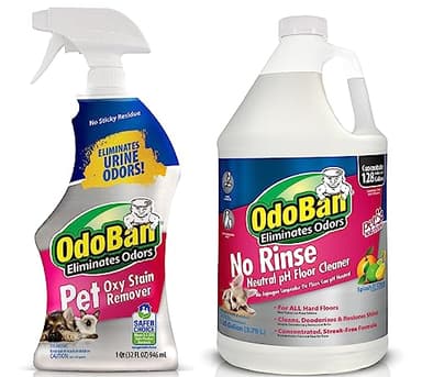 OdoBan Pet Solutions No Rinse Neutral pH Floor Cleaner Concentrate, Made in the USA, 1 Gallon, and Oxy Stain Remover, 32 Ounce Spray
