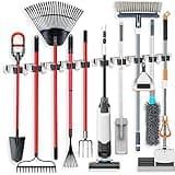 IMILLET 2 Pack Wall Mount Broom Holder Stainless Steel 5 Racks with 4 Hooks Broom Organizer Self Adhesive Heavy Duty Laundry Room, Garage Organization Storage