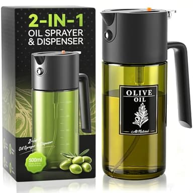 2-IN-1 500ml/17oz Light-Blocking Dark Oil Sprayer for Cooking with Sticker, Dark Green Glass Olive Oil Dispenser Bottle for Kitchen, Even Spray with Portion Control, Perfect for Air Fryer, BBQ - Black