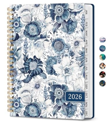 2026 Planner, Monthly and Weekly Calendar Planner for Women, Jan 2026 - Dec 2026, Hardcover Pretty 2026 Agenda Planner Book with Tabs, Spiral Bound, Perfect for School Office Home Supplies, 6.3" x 8.5" - Blue Floral