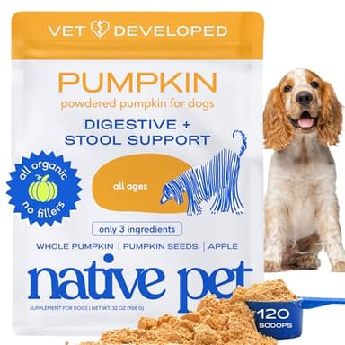 Native Pet Pumpkin for Dogs - Organic Dog Food Topper Powder - Promotes Firm Stools, Supports Digestive, Bowel Health & Nutrient Absorption - USDA Organic, Rich in Fiber with Real Pumpkin -120 Scoops