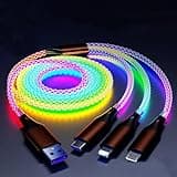 66W 3 in 1 LED RGB Flowing Light Up Charging Cable,3.3FT Colorful Gradual Glowing,Fast Charging Cord Lighting/Type C/Micro USB Cable for Phone,Samsung Galaxy,Huawei,Android,Sony Xperia Smartphones