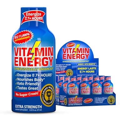 Vitamin Energy B12 11,000% Extra Strength Energy Shot Açaí Pomegranate 12 Pack, 260mg Natural Caffeine, B12 & B6, Nootropic Focus, Vitality, Zero Sugar, Gluten-Free, Vegan, Kosher, 1.93 fl oz