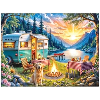 RoseArt - Kodak Premium 350 Piece Puzzle - Sunset Camper with Golden Retriever, Vibrant Lakeside Scene, Jigsaw Puzzle for Adults, 24" x 18" Finished Size