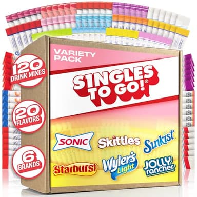 Singles To Go! 120ct Bulk Variety Pack - 20 Different Flavors from Skittles, Sonic, Sunkist, Starburst and More - Sugar Free Drink Mix Packets - Sugar Free Water Flavoring Packets