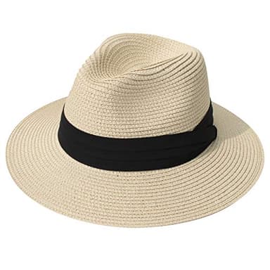 DRESHOW Women Straw Panama Hat Travel Fedora Beach Sun Hat Summer Wide Brim Straw Roll up Hats UPF 50+