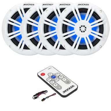 KICKER 51KM604WL KM 6.5" 150 Watts Max Power 4 ohms RGB LED Marine Coaxial Speakers (2 Pairs) Bundle Combo with Marine LED Controller