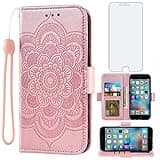 Compatible with iPhone 6plus 6splus 6/6s Plus Wallet Case Tempered Glass Screen Protector Flip Cover Card Holder Cell Phone Cases for iPhone6 6+ iPhone6s 6s+ i 6P 6a S Six iPhone6splus Women Rose Gold