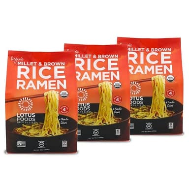 Lotus Foods Organic Millet & Brown Rice Ramen - Gluten Free Ramen Noodles, Whole Grain Ramen Noodles, Organic Vegan Ramen, Low Sodium Rice Noodles, Organic, Gluten-Free, Vegan - 10 Oz Bags (Pack Of 3)