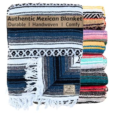 Del Mex Classic Mexican Blanket, Large Authentic Woven Falsa Throw (70"x50"), Artisan Southwest Décor for Beach, Yoga, Outdoors (Navy Blue)